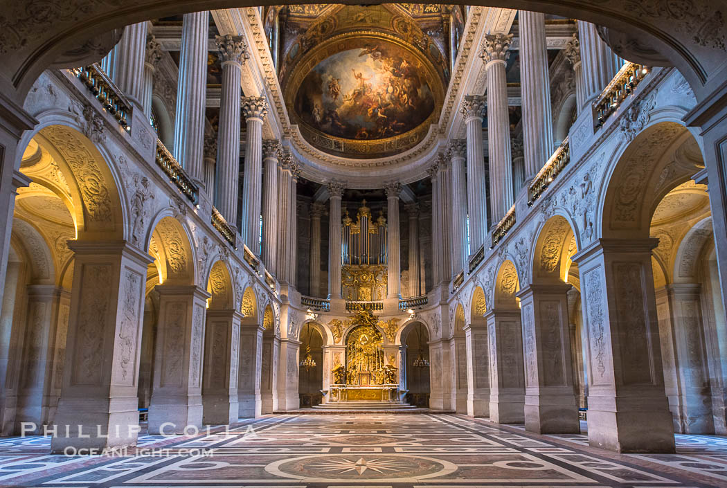 Royal Chapel of Versailles, dedicated to Saint Louis, patron saint of the Bourbons, the chapel was consecrated in 1710.  It was here that  Louis XVI of France was wed to Marie-Antoinette. The ceiling represents God the Father in His Glory Bringing to the World the Promise of Redemption and was painted by Antoine Coypel., natural history stock photograph, photo id 28068