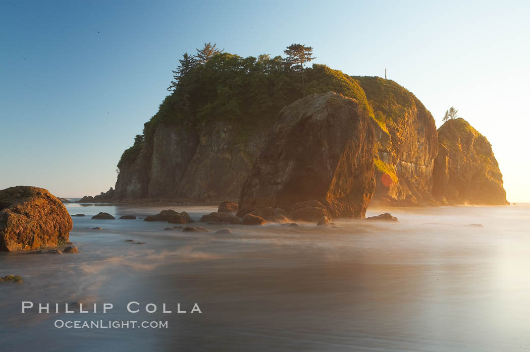 Ruby Beach and its famous seastack, blurry ocean waves, sunset. Olympic National Park, Washington, USA, natural history stock photograph, photo id 13812