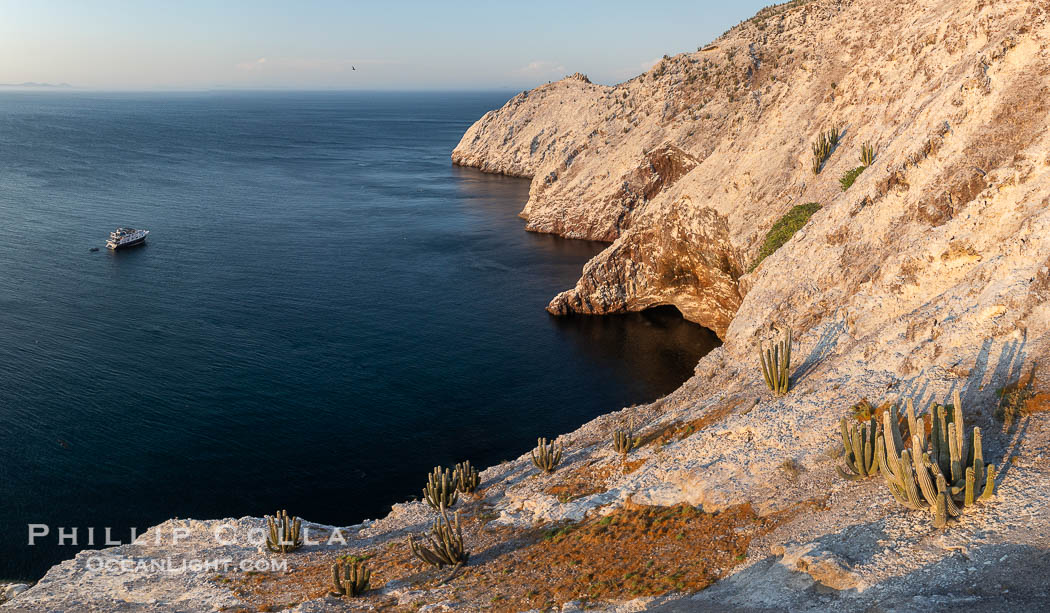 Rugged Terrain of Isla San Pedro Martir, Sea of Cortez. Aerial photo. The large bird population deposits enormous quantities of guano on the island, resulting in the white appearance of the island contrasted with sparse vegetation. In the late 19th and early 20th century guano was heavily mined off the island and shipped as far as Europe for use as fertilizer. San Pedro Martir is seldom visited, having near vertical sides leaving only questionable fair weather anchorages in two locations. Landing access was possible near a small isthmus in the southeast of the island, but is now forbidden. In 2005, the island was classified along with 244 others as a World Heritage Site by UNESCO, and included in the Islands and Protected Areas of the Gulf of California., natural history stock photograph, photo id 40402