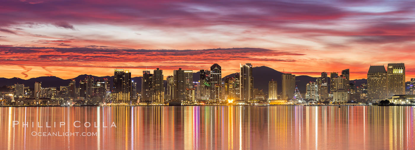 San Diego Bay and Downtown City Skyline at Dawn, spectacular clouds light up over the city. Mount San Miguel in the distance. California, USA, natural history stock photograph, photo id 37636