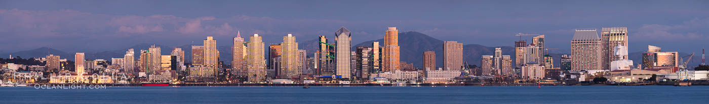 San Diego Bay and Skyline at sunset, viewed from Point Loma, panoramic photograph. California, USA, natural history stock photograph, photo id 30214