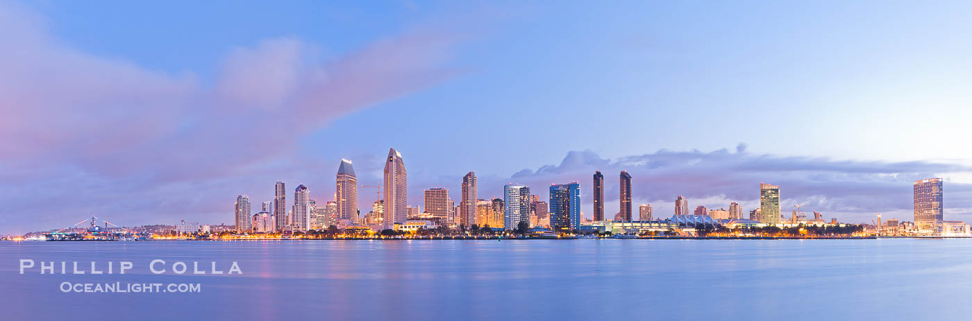 San Diego bay and skyline at sunrise, viewed from Coronado Island., natural history stock photograph, photo id 27176
