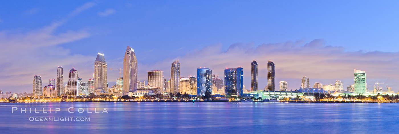 San Diego bay and skyline at sunrise, viewed from Coronado Island. California, USA, natural history stock photograph, photo id 27173