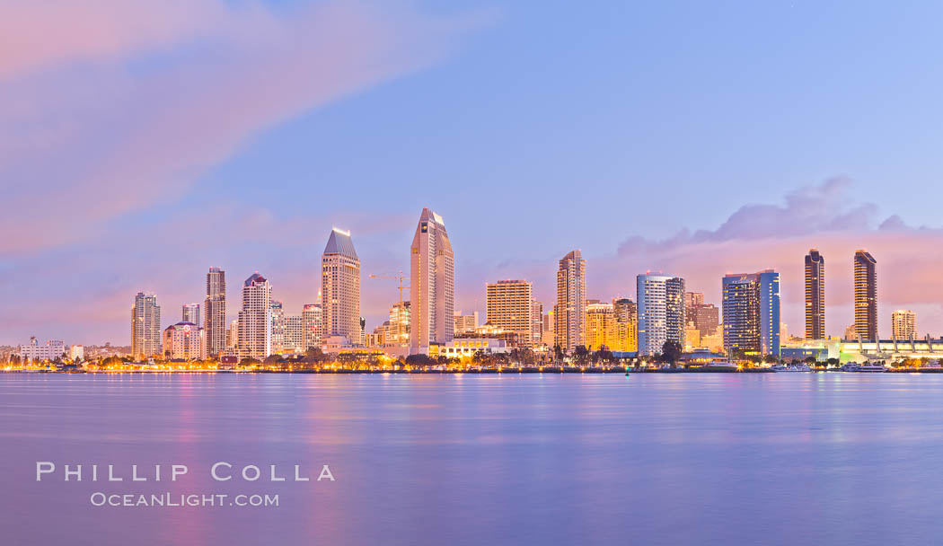 San Diego bay and skyline at sunrise, viewed from Coronado Island. California, USA, natural history stock photograph, photo id 27177