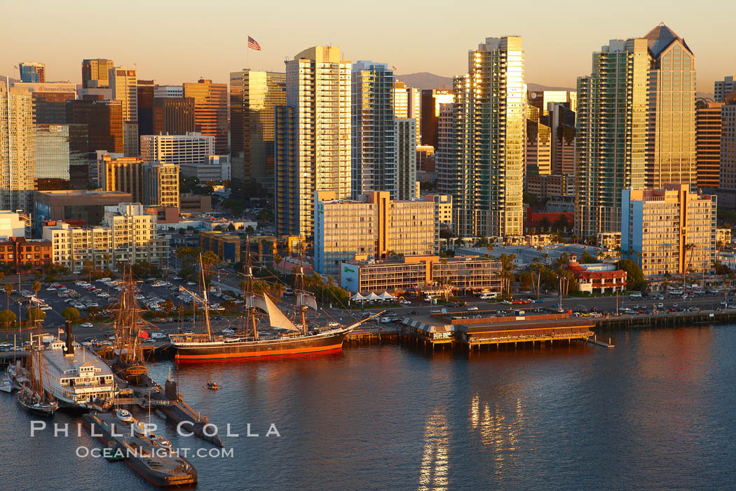 San Diego waterfront and skyline, Star of India (lower left), high rise modern office buildings, San Diego Bay, sunset. California, USA, natural history stock photograph, photo id 22338