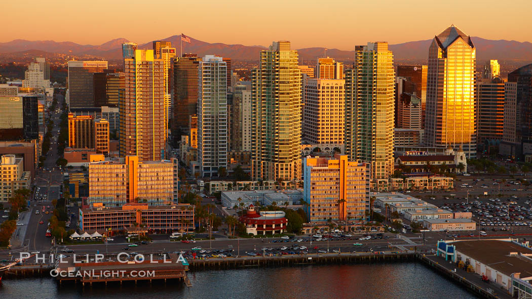 San Diego Skyline at sunset, North Harbor Drive running along the waterfront, high rise office buildings, with cruise ship terminal (right). California, USA, natural history stock photograph, photo id 22373