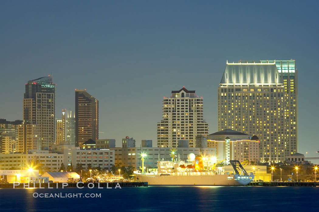 San Diego city skyline and cruise ship terminal at dusk, viewed from Harbor Island. California, USA, natural history stock photograph, photo id 14534