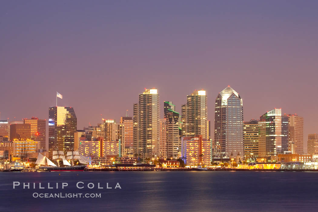 San Diego city skyline at dusk, viewed from Harbor Island. California, USA, natural history stock photograph, photo id 14528