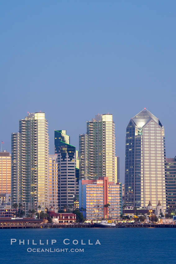 San Diego city skyline at dusk, viewed from Harbor Island. California, USA, natural history stock photograph, photo id 14532