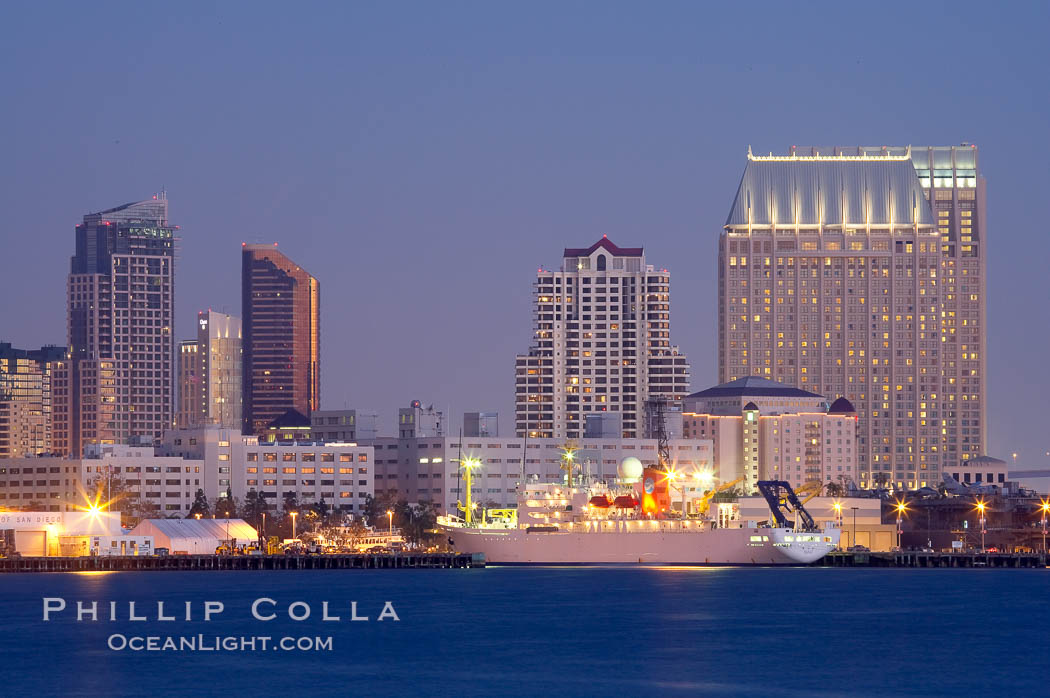 San Diego city skyline and cruise ship terminal at dusk, viewed from Harbor Island. California, USA, natural history stock photograph, photo id 14536