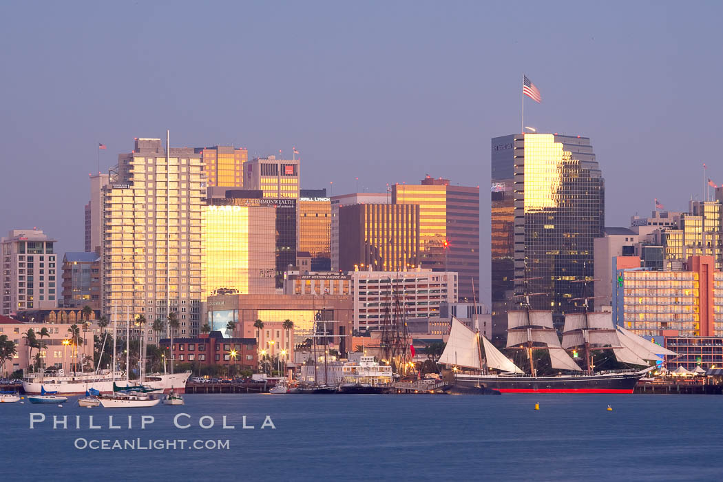 San Diego city skyline at dusk, viewed from Harbor Island. California, USA, natural history stock photograph, photo id 14540