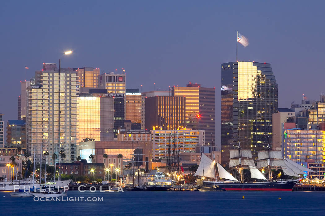 San Diego city skyline at dusk, viewed from Harbor Island, the Star of India at right. California, USA, natural history stock photograph, photo id 14533