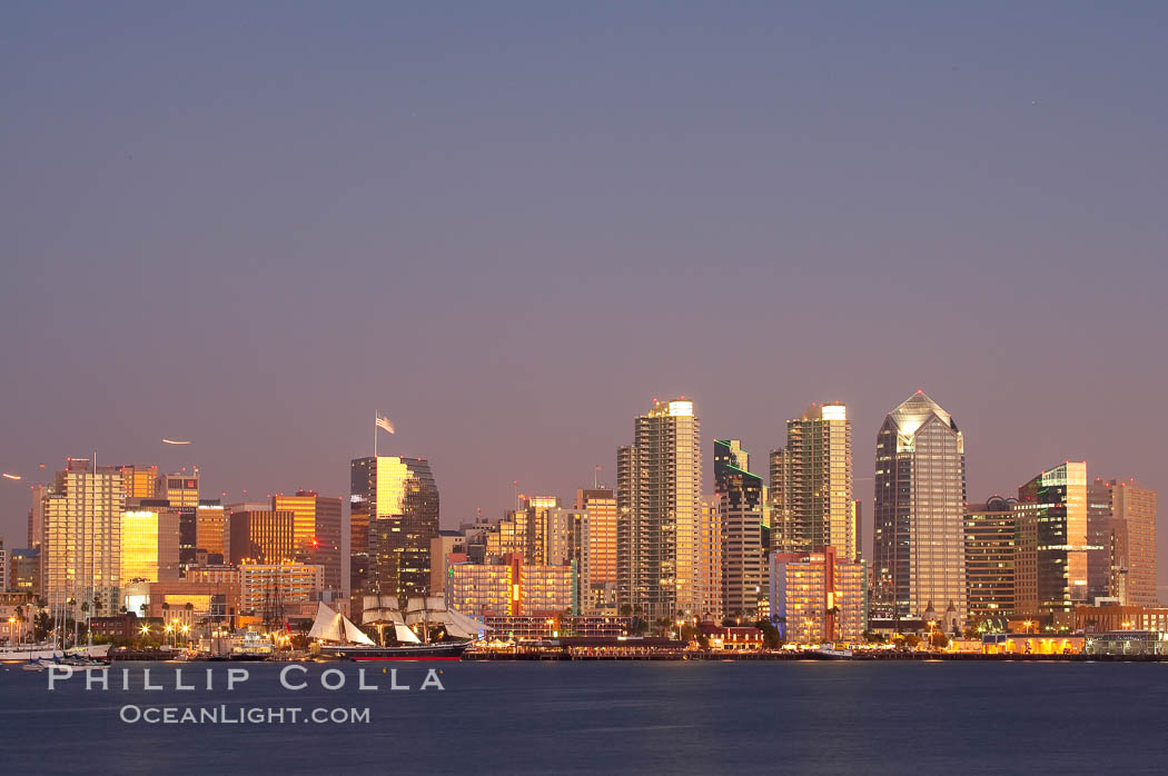 San Diego city skyline at dusk, viewed from Harbor Island. California, USA, natural history stock photograph, photo id 14537