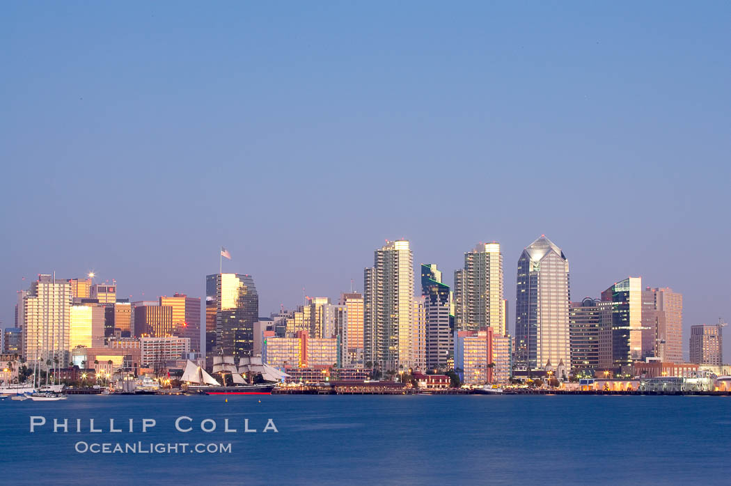 San Diego city skyline at dusk, viewed from Harbor Island. California, USA, natural history stock photograph, photo id 14541