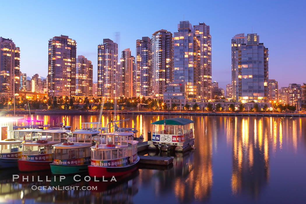 Yaletown section of Vancouver at night, viewed from Granville Island. British Columbia, Canada, natural history stock photograph, photo id 21165