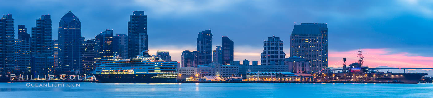 San Diego City Skyline viewed from Harbor Island, storm clouds at sunrise. California, USA, natural history stock photograph, photo id 28846