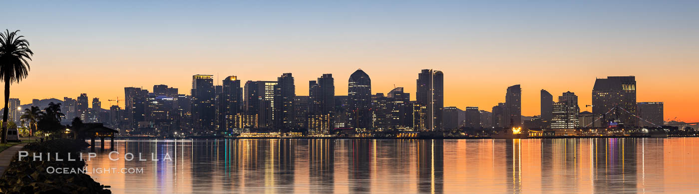 San Diego city skyline at sunrise, showing the buildings of downtown San Diego rising above San Diego Harbor, viewed from Harbor Island. California, USA, natural history stock photograph, photo id 37659
