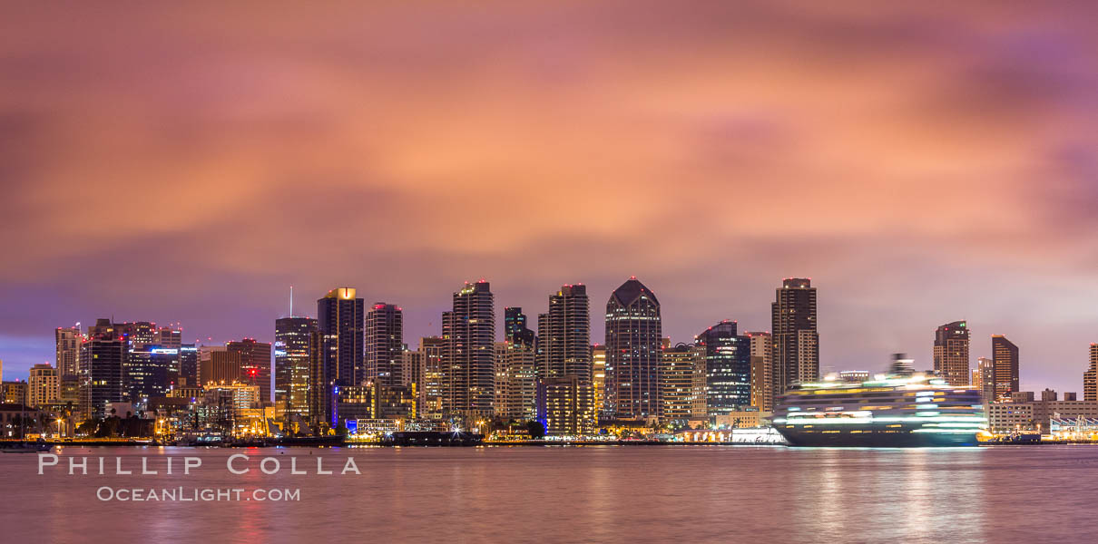 San Diego City Skyline viewed from Harbor Island, storm clouds at sunrise. California, USA, natural history stock photograph, photo id 28845