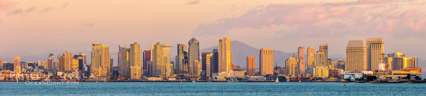 San Diego City Skyline at Sunset, viewed from Point Loma, panoramic photograph. California, USA, natural history stock photograph, photo id 36650