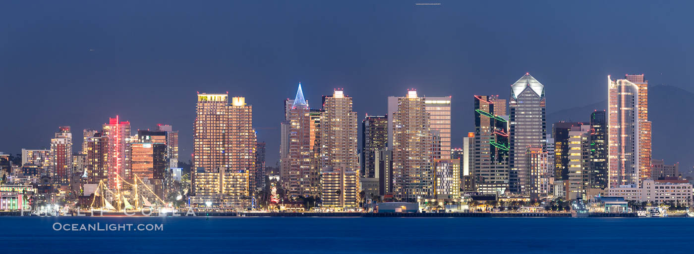 San Diego City Skyline at Sunset, viewed from Point Loma, panoramic photograph San Diego City Skyline at Sunset, viewed from Point Loma, panoramic photograph