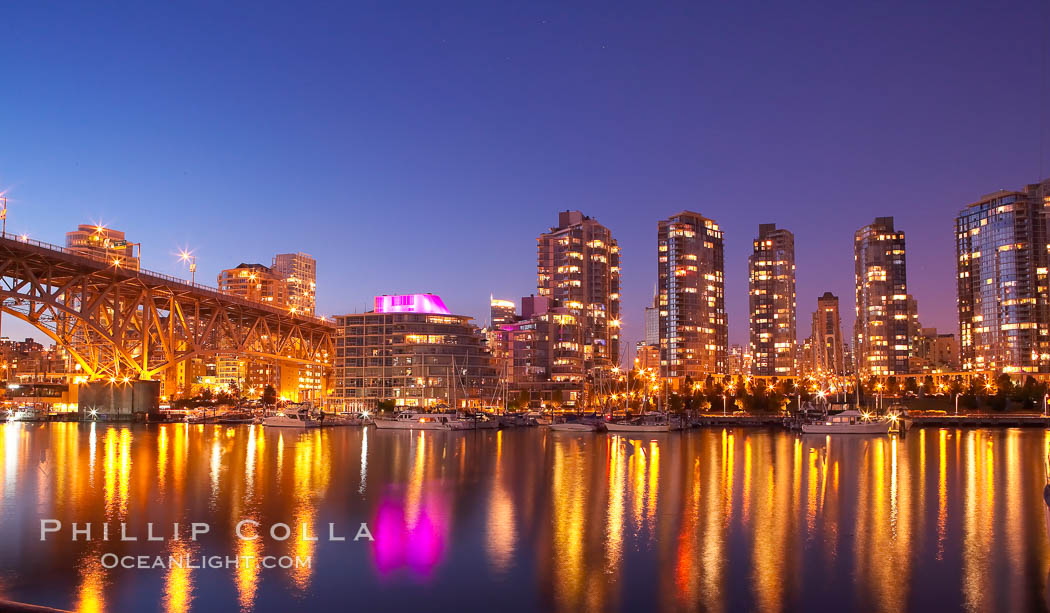 Yaletown section of Vancouver at night, including Granville Island bridge (left), viewed from Granville Island. British Columbia, Canada, natural history stock photograph, photo id 21168