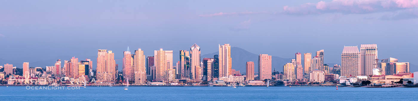 San Diego City Skyline at Sunset, viewed from Point Loma, panoramic photograph. California, USA, natural history stock photograph, photo id 36652