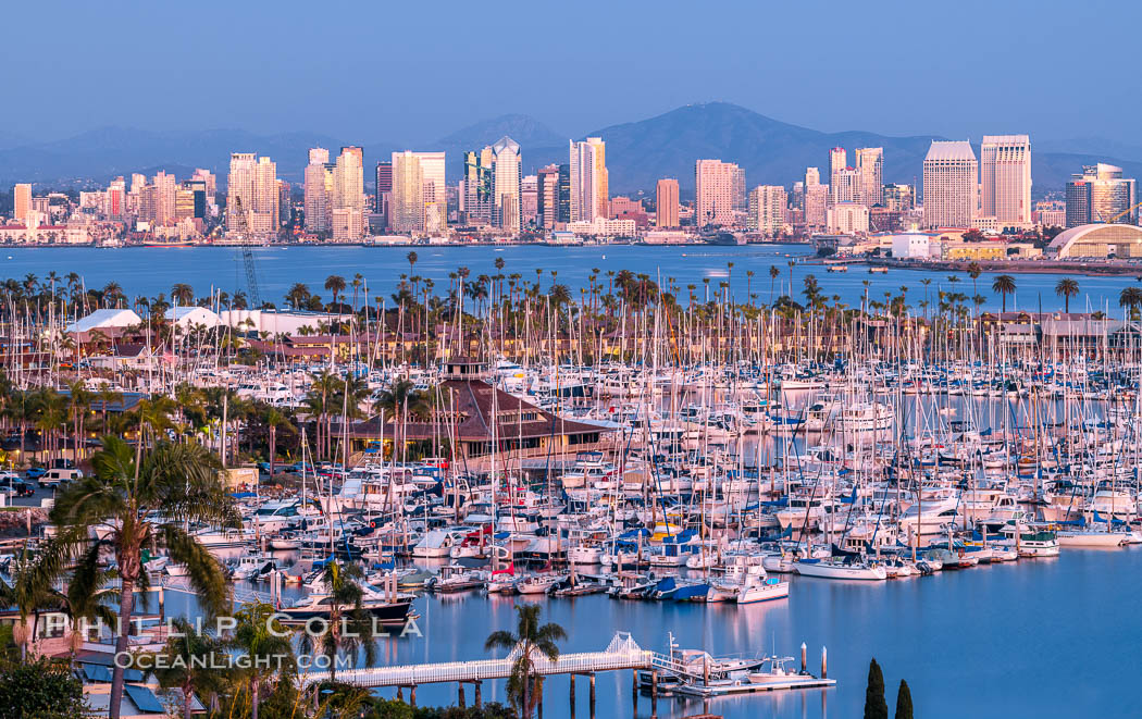 San Diego City Skyline at Sunset, viewed from Point Loma, Shelter Island Yacht Club in the foreground, San Diego Bay, Mount San Miguel (right) and Lyons Peak (left) in distance. California, USA, natural history stock photograph, photo id 36748