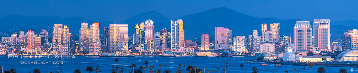San Diego City Skyline at Sunset, viewed from Point Loma, panoramic photograph., natural history stock photograph, photo id 36752