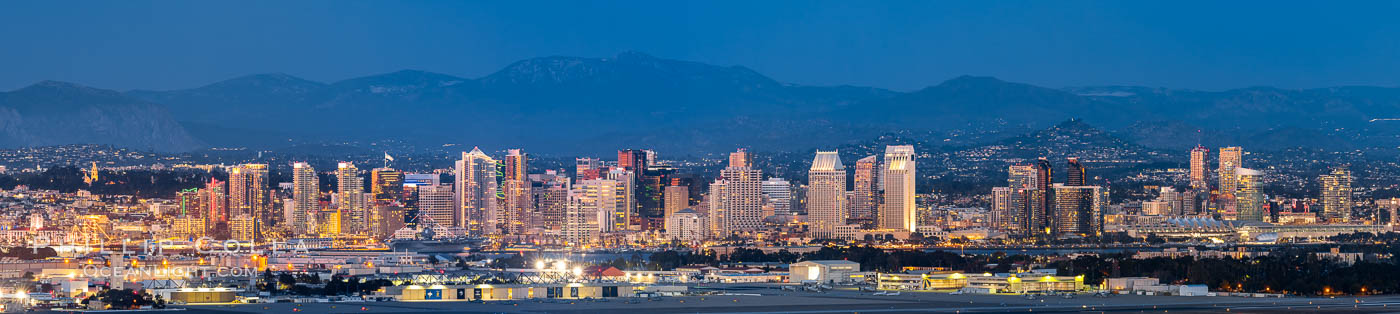 San Diego City Skyline at Sunset, viewed from Point Loma, panoramic photograph., natural history stock photograph, photo id 36763