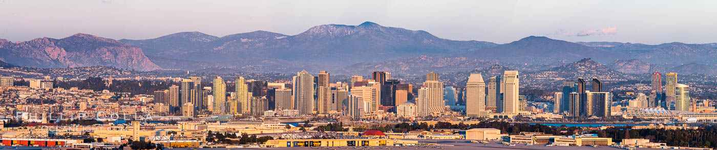 San Diego City Skyline at Sunset, viewed from Point Loma, panoramic photograph. California, USA, natural history stock photograph, photo id 36633