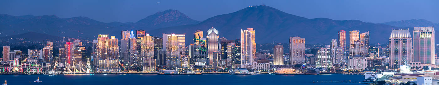 San Diego City Skyline at Sunset, viewed from Point Loma, panoramic photograph San Diego City Skyline at Sunset, viewed from Point Loma, panoramic photograph