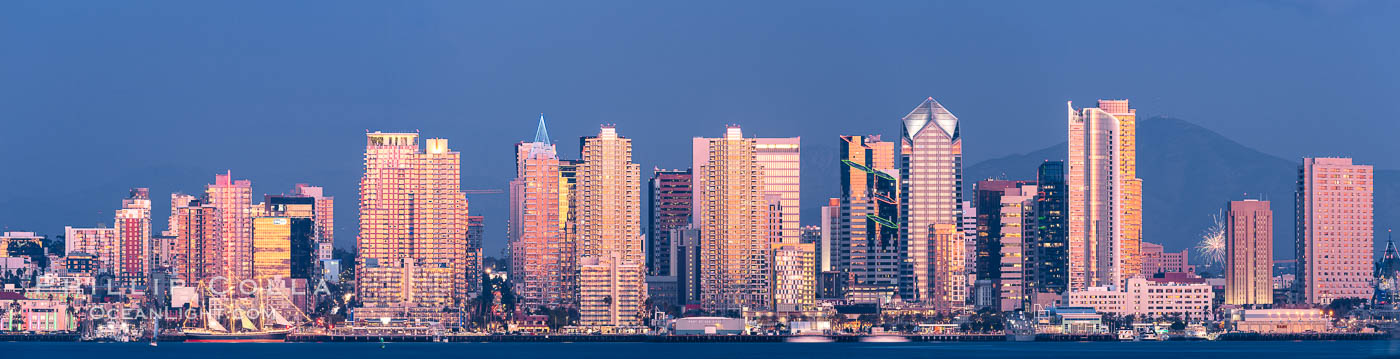 San Diego City Skyline at Sunset, viewed from Point Loma, panoramic photograph. California, USA, natural history stock photograph, photo id 36653