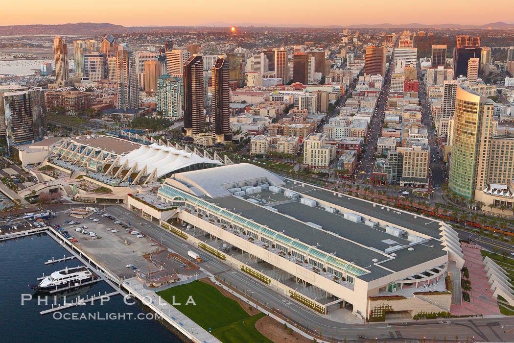 San Diego Convention Center, located in the Marina District of downtown San Diego.  Built in 1989, the San Diego Convention Center offers 525,700 square feet of exhibit space.  It is noted for its distinctive "sails" made of Teflon-coated fiberglass suspended over the central exhibition hall, aptly named Sails Pavilion. California, USA, natural history stock photograph, photo id 22369