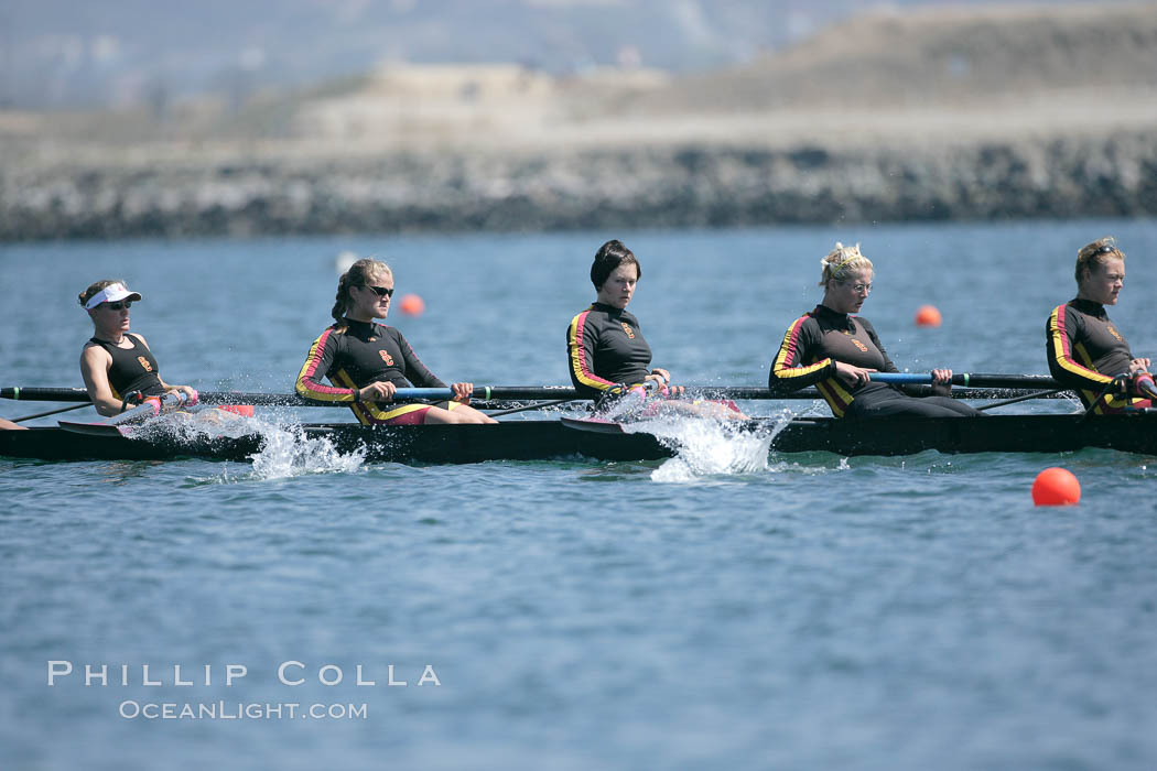USC women warm up at the starting line.  They would win the finals of the Jessop-Whittier Cup, 2007 San Diego Crew Classic. Mission Bay, California, USA, natural history stock photograph, photo id 18695