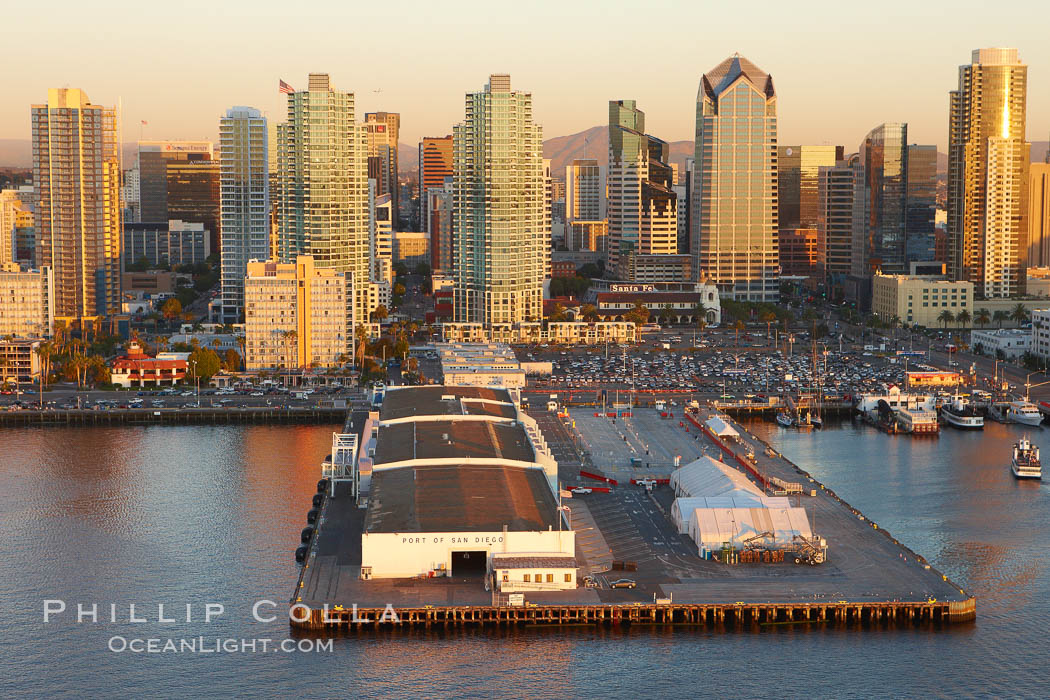 San Diego cruise ship terminal and pier, with the high rise offices of downtown San Diego rising above, along the waterfront of San Diego Bay. California, USA, natural history stock photograph, photo id 22402