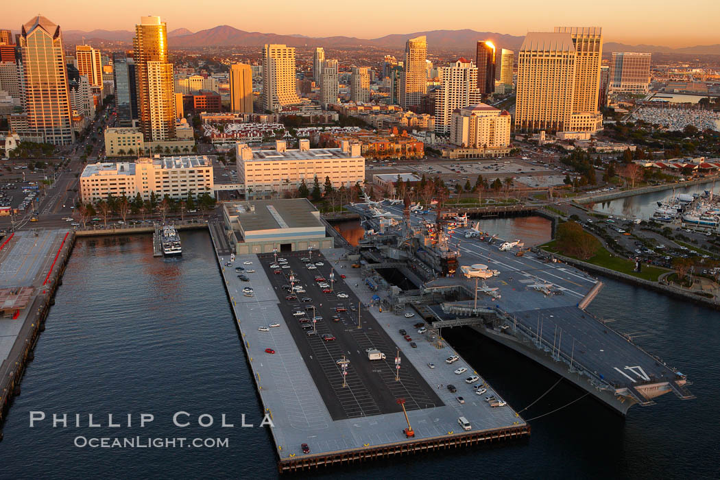 San Diego downtown waterfront, with USS Midway aircraft carrier and Navy museum (right), sunset. California, USA, natural history stock photograph, photo id 22391