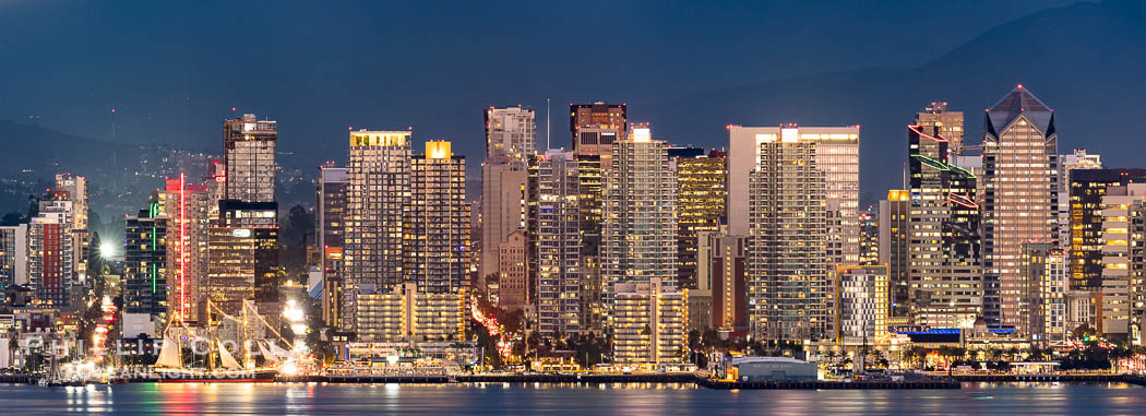 San Diego Downtown Waterfront Skyline Panoramic Photograph, the city of San Diego is lit up just after sunset, the Star of India historic ship is seen at lower left. Viewed from Point Loma., natural history stock photograph, photo id 38617