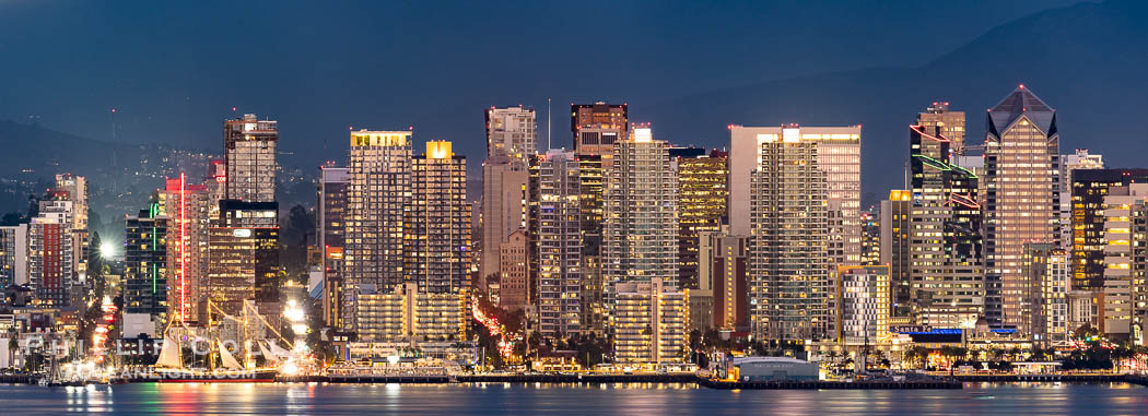 San Diego Downtown Waterfront Skyline Panoramic Photograph, the city of San Diego is lit up just after sunset, the Star of India historic ship is seen at lower left. Viewed from Point Loma. California, USA, natural history stock photograph, photo id 38617