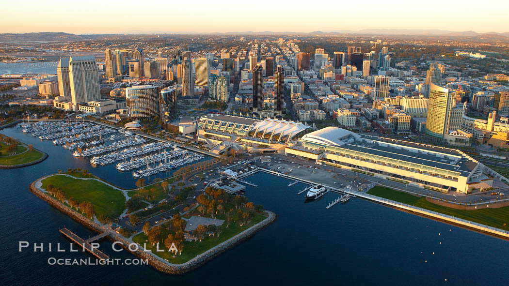 San Diego Embarcadero Marina Park, with yacht basin, San Diego Convention Center (right), Marriott (center) and Grand Hyatt (left) hotels. California, USA, natural history stock photograph, photo id 22387