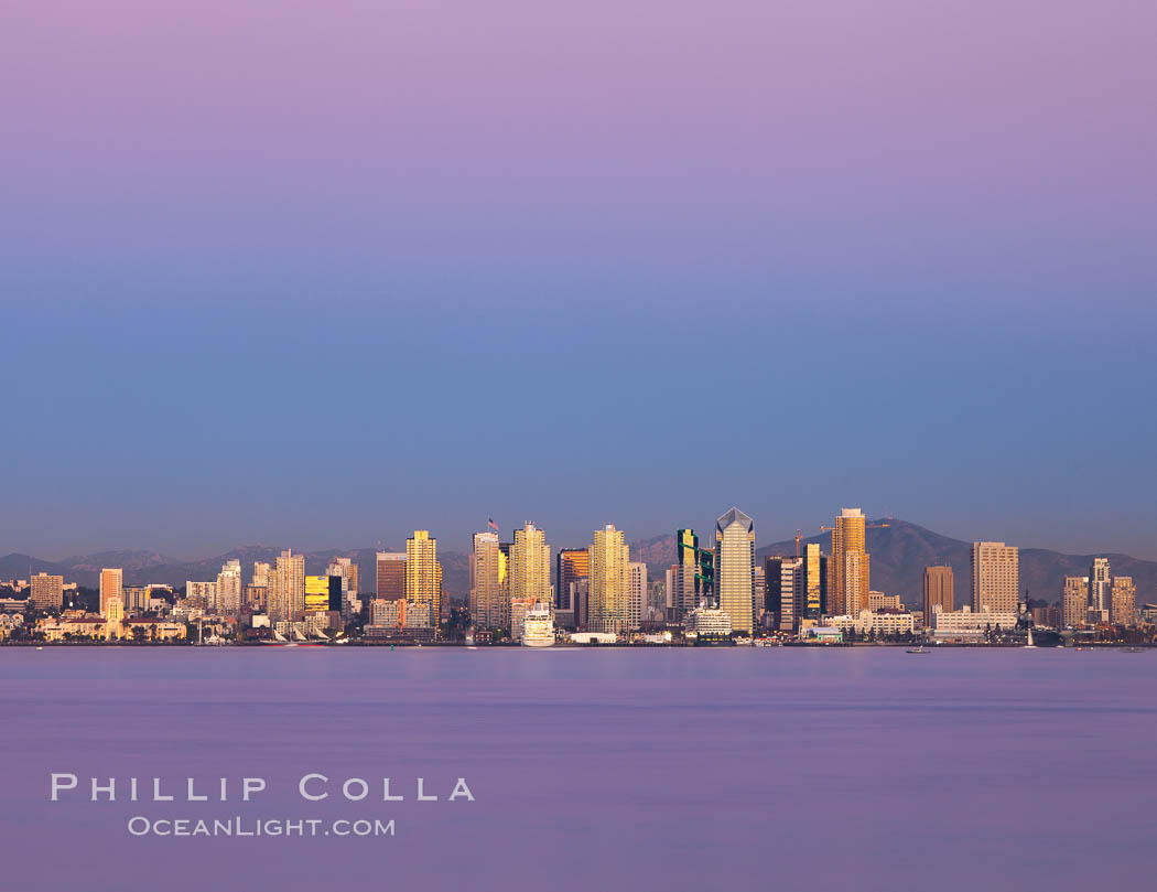 San Diego downtown city skyline and waterfront, sunset reflections and San Diego Bay. Earth-shadow (Belt of Venus) visible in the atmosphere., natural history stock photograph, photo id 27102