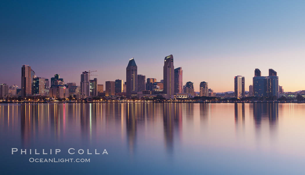 San Diego downtown city skyline and waterfront, sunrise, dawn, viewed from Coronado Island., natural history stock photograph, photo id 27092