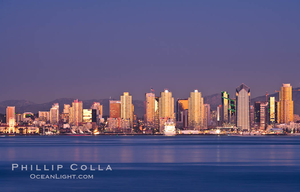 San Diego downtown city skyline and waterfront, sunset reflections and San Diego Bay. Earth-shadow (Belt of Venus) visible in the atmosphere. California, USA, natural history stock photograph, photo id 27103