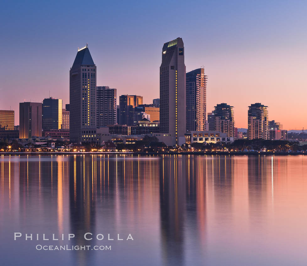 San Diego downtown city skyline and waterfront, sunrise, dawn, viewed from Coronado Island. California, USA, natural history stock photograph, photo id 27093