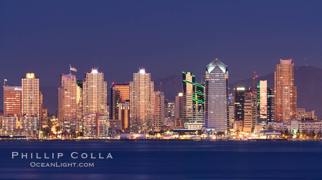 San Diego harbor and skyline, viewed at sunset. California, USA, natural history stock photograph, photo id 27151