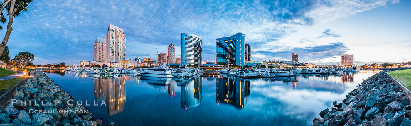 San Diego Marriott Hotel and Marina, and Manchester Grand Hyatt Hotel (left) viewed from the San Diego Embarcadero Marine Park, sunrise. California, USA, natural history stock photograph, photo id 28820