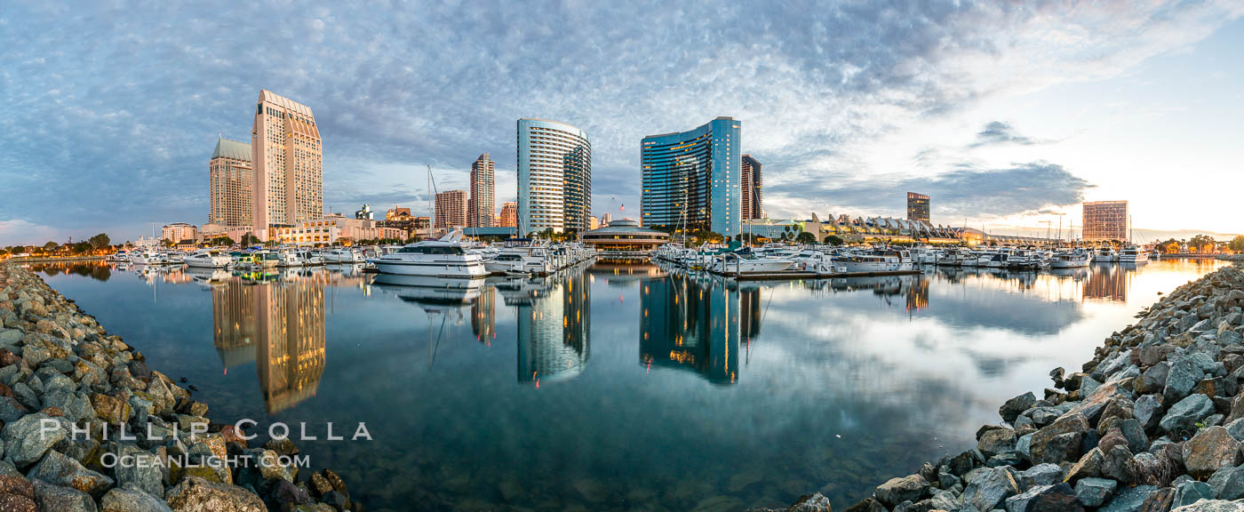 San Diego Marriott Hotel and Marina, and Manchester Grand Hyatt Hotel (left) viewed from the San Diego Embarcadero Marine Park, sunrise. California, USA, natural history stock photograph, photo id 28821