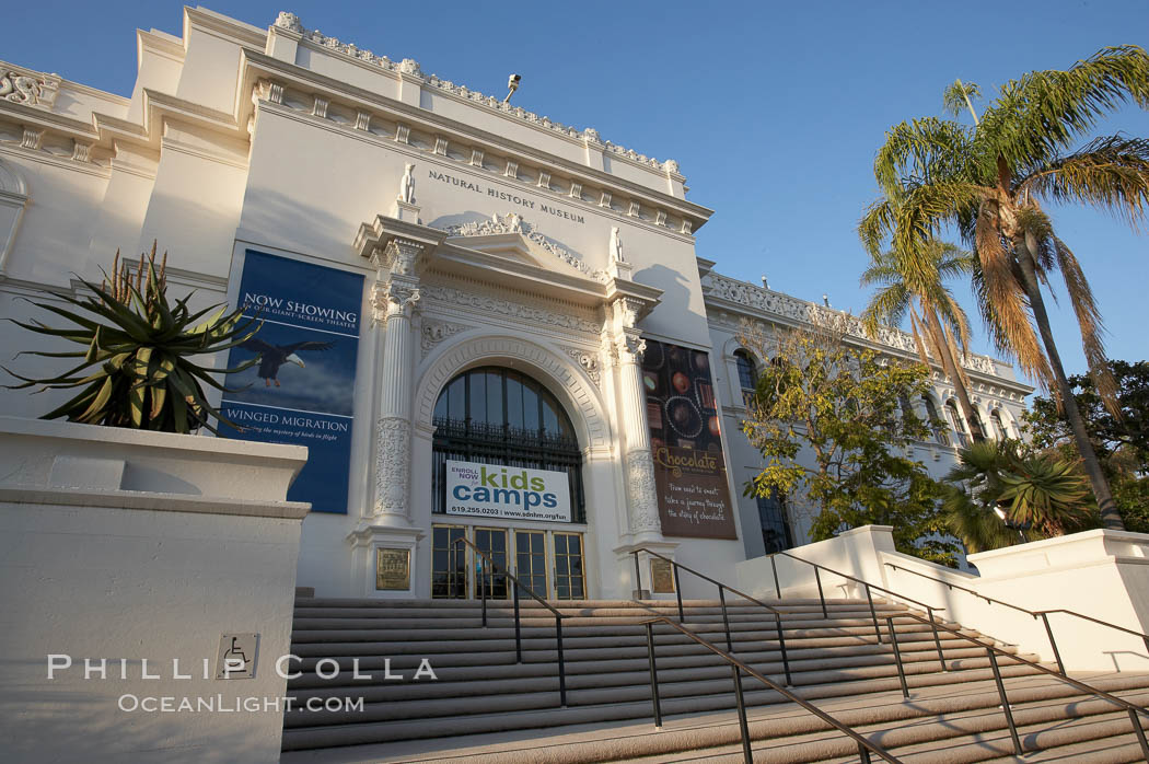 The San Diego Museum of Natural History, Balboa Park, San Diego.  Located next to the main fountain in Balboa Park, the San Diego Natural History Museum is the place to find dinosaur bones and get a close up look at insects, birds and organic matter that make our outside world so interesting. Renovated in 2001, a new wing has doubled the museums original 65,000 square feet of floor space to about 150,000 square feet. California, USA, natural history stock photograph, photo id 11270