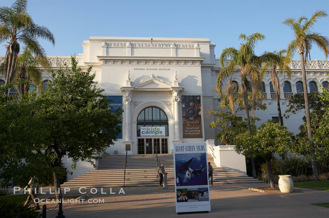 The San Diego Museum of Natural History, Balboa Park, San Diego.  Located next to the main fountain in Balboa Park, the San Diego Natural History Museum is the place to find dinosaur bones and get a close up look at insects, birds and organic matter that make our outside world so interesting. Renovated in 2001, a new wing has doubled the museums original 65,000 square feet of floor space to about 150,000 square feet. California, USA, natural history stock photograph, photo id 11271