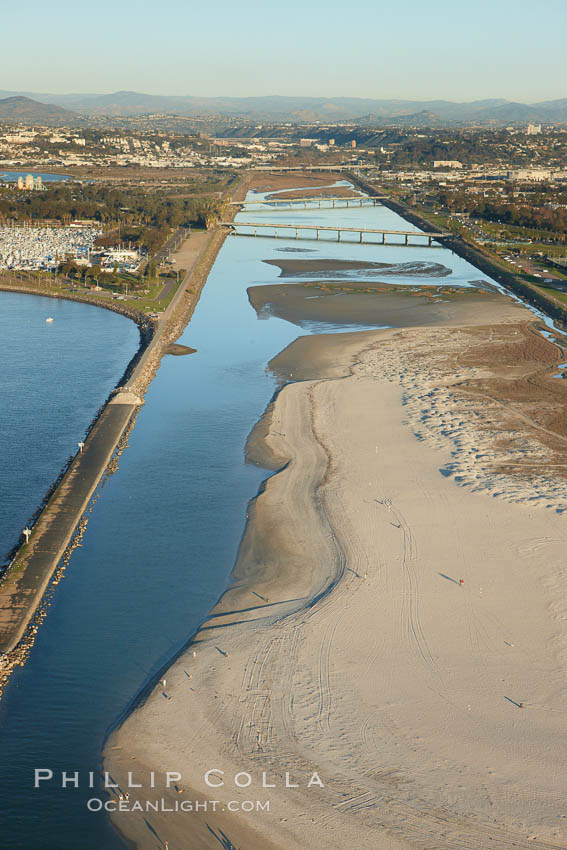 San Diego River, constrained by levees and jetties on both its north and south sides, just before it empties into the Pacific Ocean south of Mission Beach. California, USA, natural history stock photograph, photo id 22303