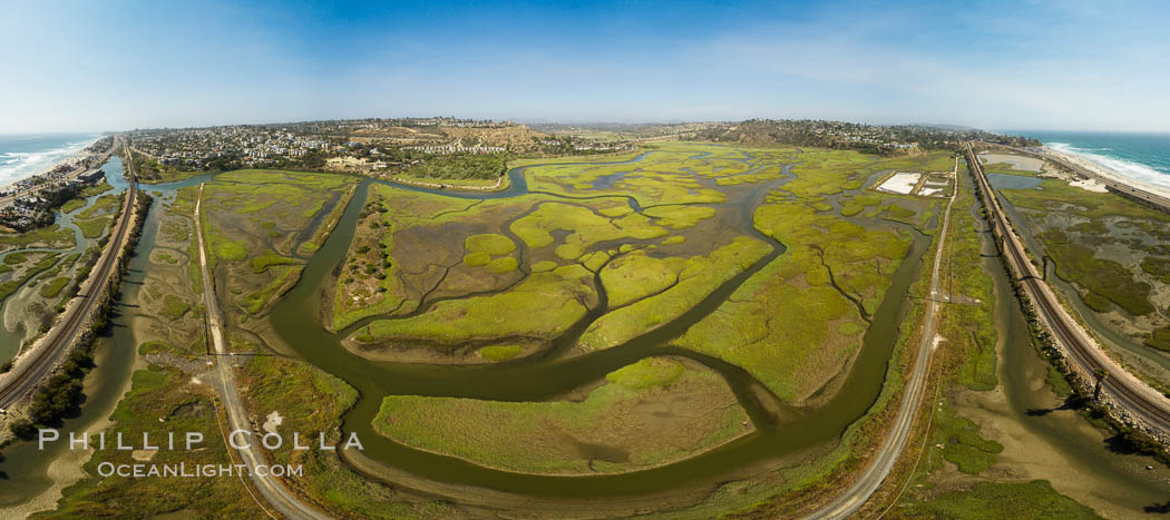 San Elijo Lagoon showing tidal channels, Encinitas, aerial photo. California, USA, natural history stock photograph, photo id 38129